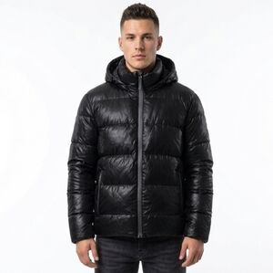 Baerskin Mens Large Black Winter Jacket Zip Puffer Duck Down Coat Removable Hood